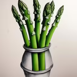 a flower vase with asparagus in it on a white background