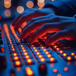 a person typing on a keyboard in the dark