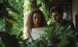 a young couple is looking at their laptop while sitting in the foliage