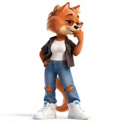an animation image of a young fox in ripped jeans and a baseball jacket