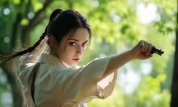 woman dressed in white and holding a gun