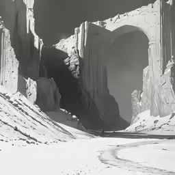 there is a cave entrance that is surrounded by snow