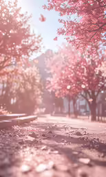 some pink trees are lined with leaves and scattered on the ground