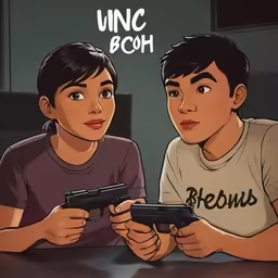 a boy holding two guns in front of a woman
