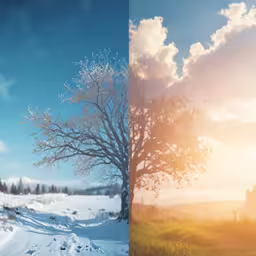 two pictures of trees and a field with snow