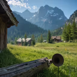 a photo of the mountains and a green field