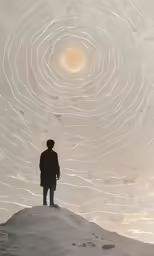 a person standing in front of an image of rings