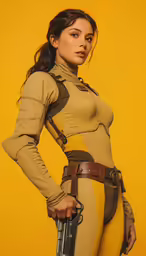 a woman in uniform holds two pistols in her hand