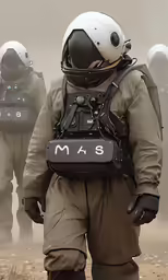 three people wearing military gear in front of dust