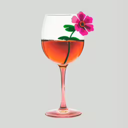 a red flower inside of an orange wine glass,a pink flower is on the stem of an empty wine glass