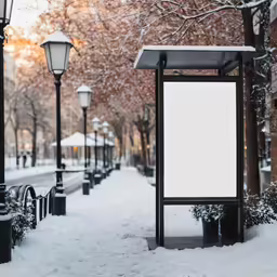 an empty white sheet poster standing on a snow covered sidewalk