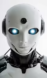 a robot man with blue eyes and headphones