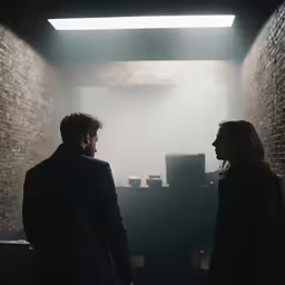 man and woman standing in the dark with light shining through