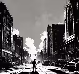 black and white photograph of a man walking down a city street,a man walks in a small town alley
