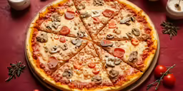 a pizza with cheese, mushrooms, and tomato toppings on a table