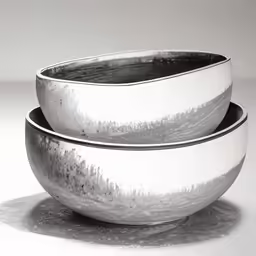 two black and white bowls sitting on top of a table
