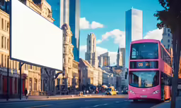 a double - decker bus traveling down the road by some tall buildings