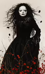 the woman is wearing black dress in a field full of red flowers