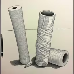 a drawing of a pair of spools of yarn,drawing a drawing with pencils showing rolled toilet paper
