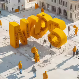 a very big statue with yellow letters in the shape of numbers