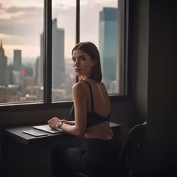a girl with very nice ass sitting at a desk