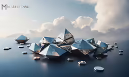 the image shows many small, geometric pieces on a dark surface