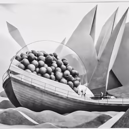 black and white drawing of a boat filled with balls
