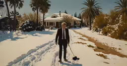 an old lady walking her small black dog on snow