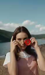 girl holding camera looking through window near lake