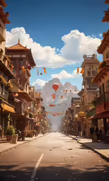 there are several red balloons flying down the street