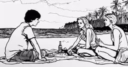drawing of kids sitting on a beach,three women at the beach eating their lunch