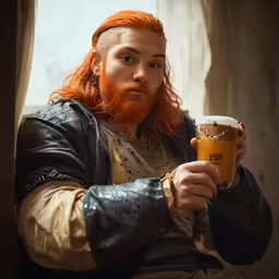 a man with red hair and a beard sitting and holding a mug