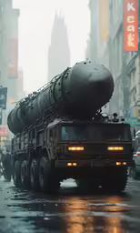 a military vehicle that is driving down the street