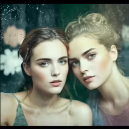 two woman standing next to each other with blue eyes