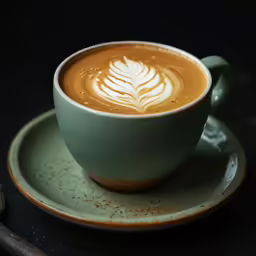 a cup of hot chocolate with a green saucer