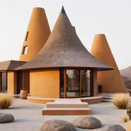 an unusual house in the desert with very large windows