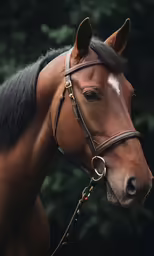 the face of a brown horse standing in front of a forest