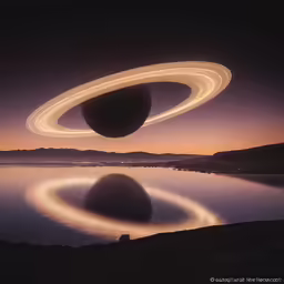 a black and white picture shows two planets flying in the sky