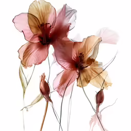 three flowers are shown, one pink one brown