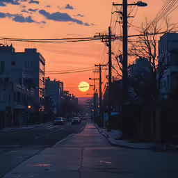 a very tall building next to a road at sunset