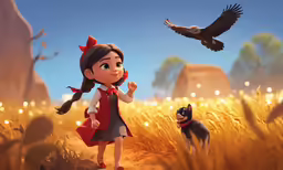 little girl with an owl and dog in the sky