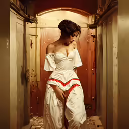 a young woman in an off white gown standing outside