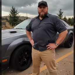 an older man poses in front of his sports car