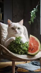 the cat is sitting down with pieces of fresh fruit on its lap