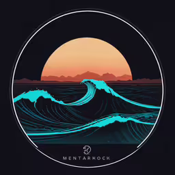 a circular frame with the sun above a crashing ocean,a wave in the ocean against a sunset