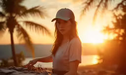 woman wearing baseball hat next to palm trees and ocean