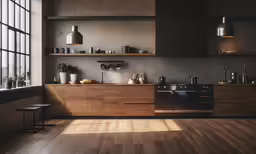 a kitchen has wooden cabinets and shelves with potted plants
