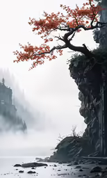 a painting of trees with fog and rocks near the water