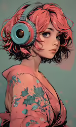a lady with headphones is in a pink outfit