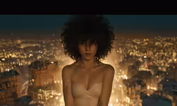 woman in a tan top on a rooftop overlooking city lights
